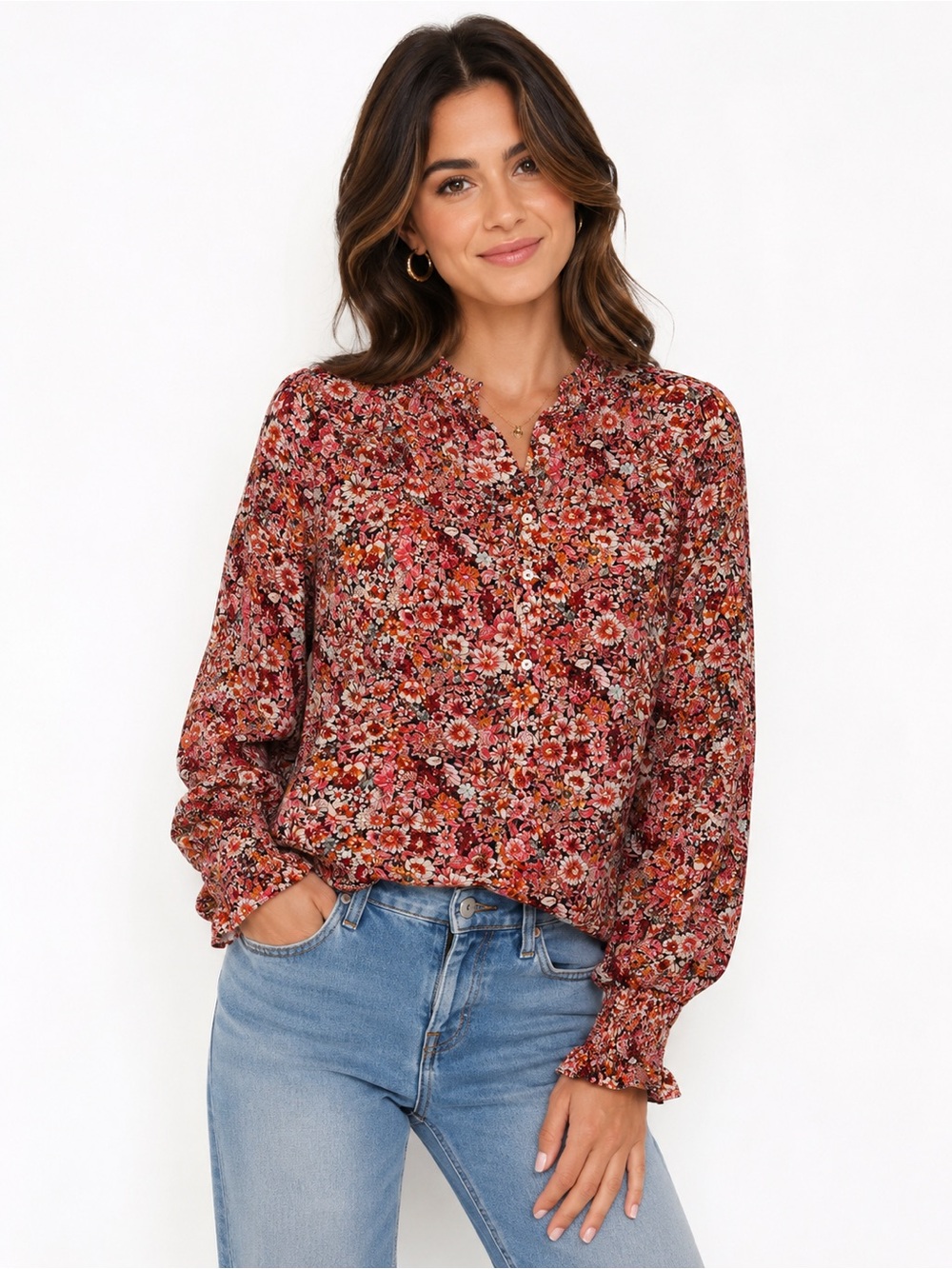 Talbots Floral Metallic Thread Peasant Blouse XL Pink
